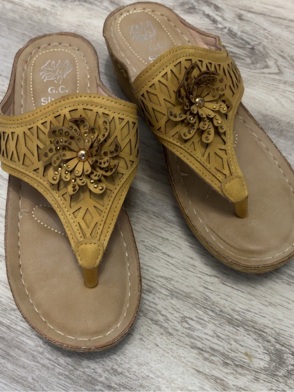 Women's Mustard Floral Cutout Thong Sandals